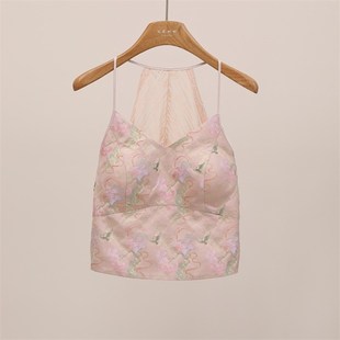 巨美粉色国风真丝提花新中式吊带背心女内搭S带胸垫蕾丝短上衣