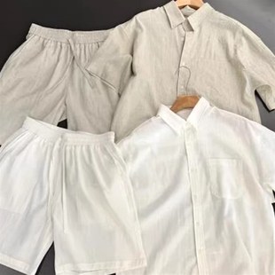套装 亚麻五分短裤 男纯色C修身 衬衫 两件 短袖 欧货棉麻透气休闲工装