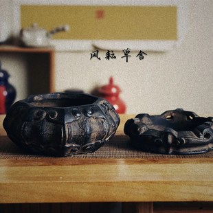 仿古仿石复古做旧中国风日式小叶紫檀黑古茶盆景圆盆创意花器底座