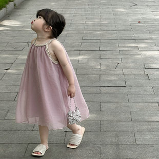 女童吊带连衣f裙新款 儿童度假风连衣裙轻薄凉爽挂脖公主纱 23夏装