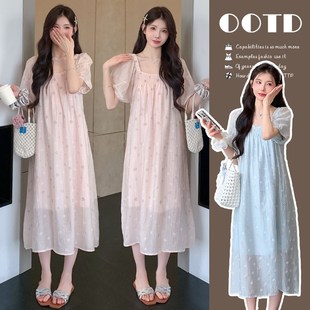 h新款 刺绣花朵气质洋气中长款 夏季 高级感短袖 连衣 法式 2025孕妇装