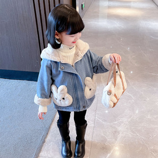 女童秋冬装加绒牛仔外套儿童冬季加厚连帽牛仔衣中小童女宝宝上衣