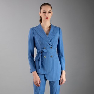 女士西服套装 春季 蓝色条纹双排扣女西装 修身 W售楼处工作 气质时尚