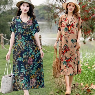 棉绸短袖 妈妈装 新款 n60岁中老年夏装 印花中长裙遮肚显瘦 连衣裙50