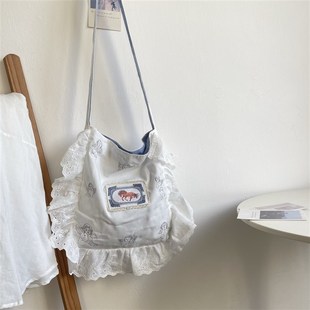 2025春夏新款 休闲百搭女包包书 森系蕾r丝花边甜美单肩帆布包时尚