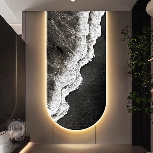 抽象浪玄饰画肌理走廊过道拱形挂画黑白灰入户带灯发光壁画