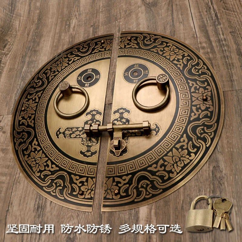 圆形铜拉手家具别墅复古黄铜古建大门刻半圆形把手门栓