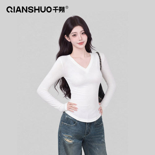 千朔极简V领修身显瘦长袖T恤上衣