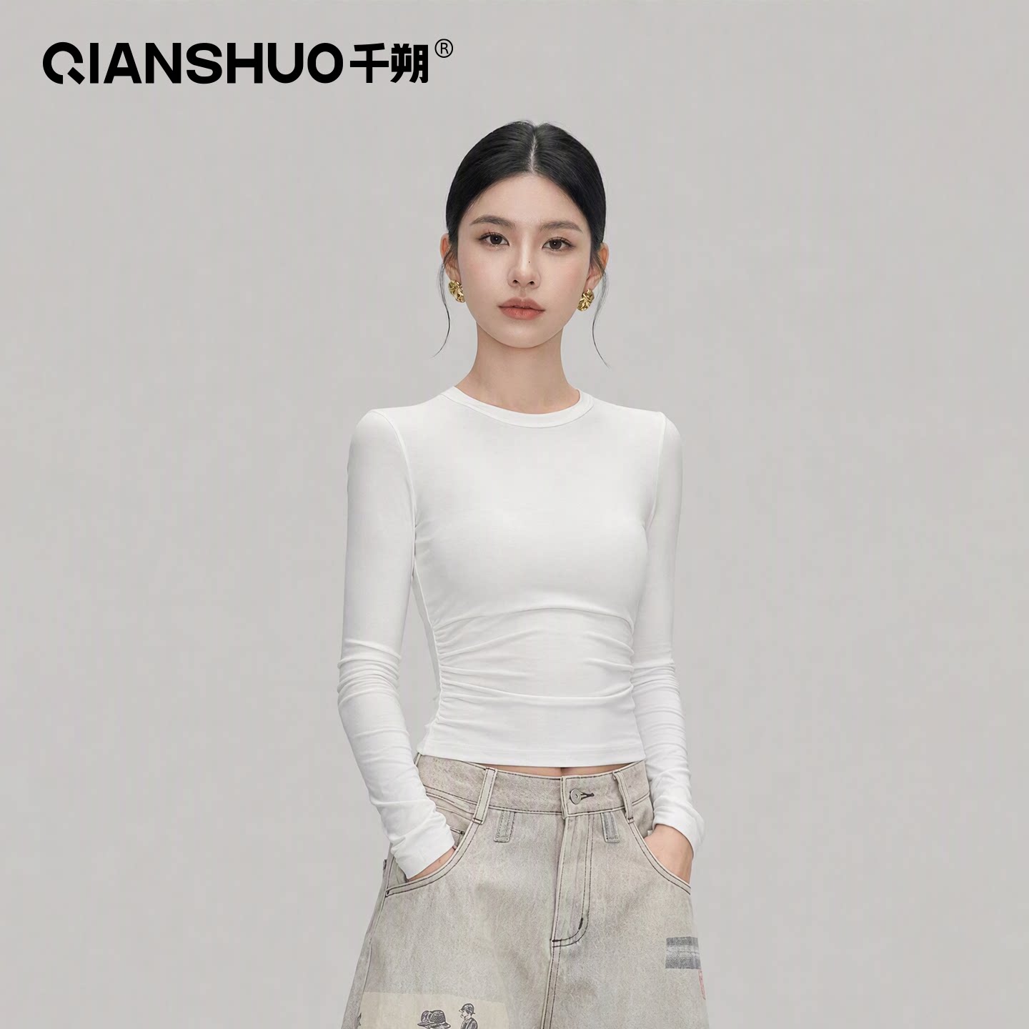 千朔短款正肩圆领长袖T恤女小个子秋冬季修身紧身打底衫内搭上衣