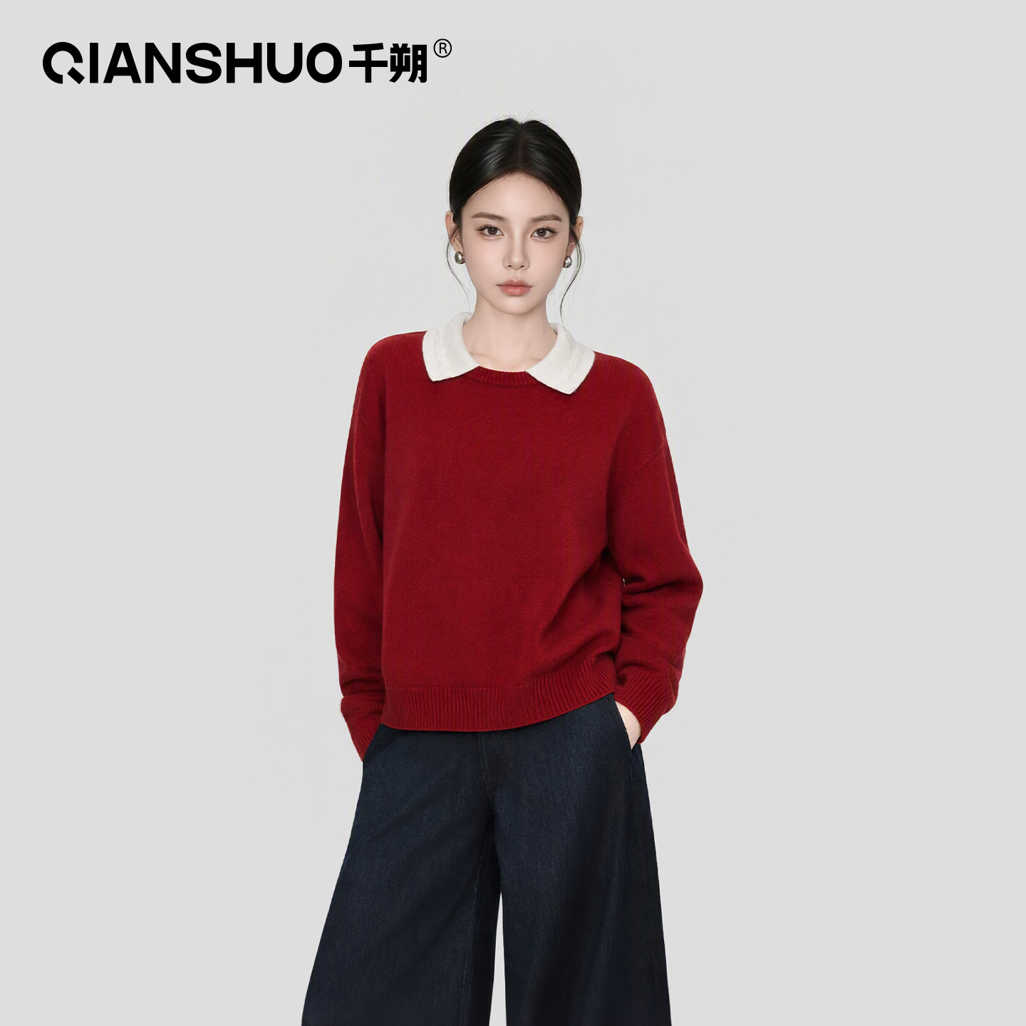 100%绵羊毛女款假两件针织衫上衣