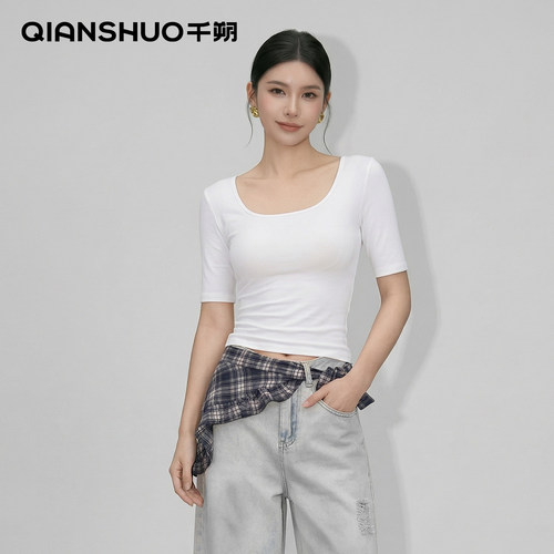千朔U型领中袖T恤女夏季2026新款