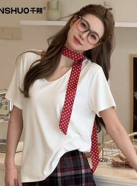 千朔新款纯色U领t恤女低领短袖白色正肩大领口宽松显瘦内搭上衣