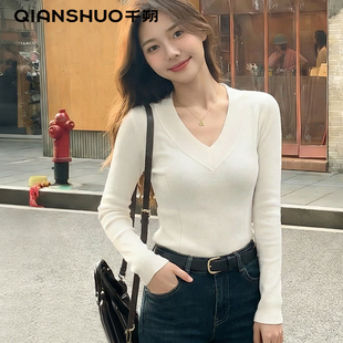 千朔鸡心深V领打底衫女秋冬白色内搭双面磨毛加厚加绒高级感上衣