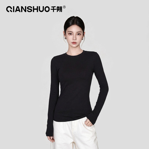 千朔黑色圆领长袖T恤女纯色上衣