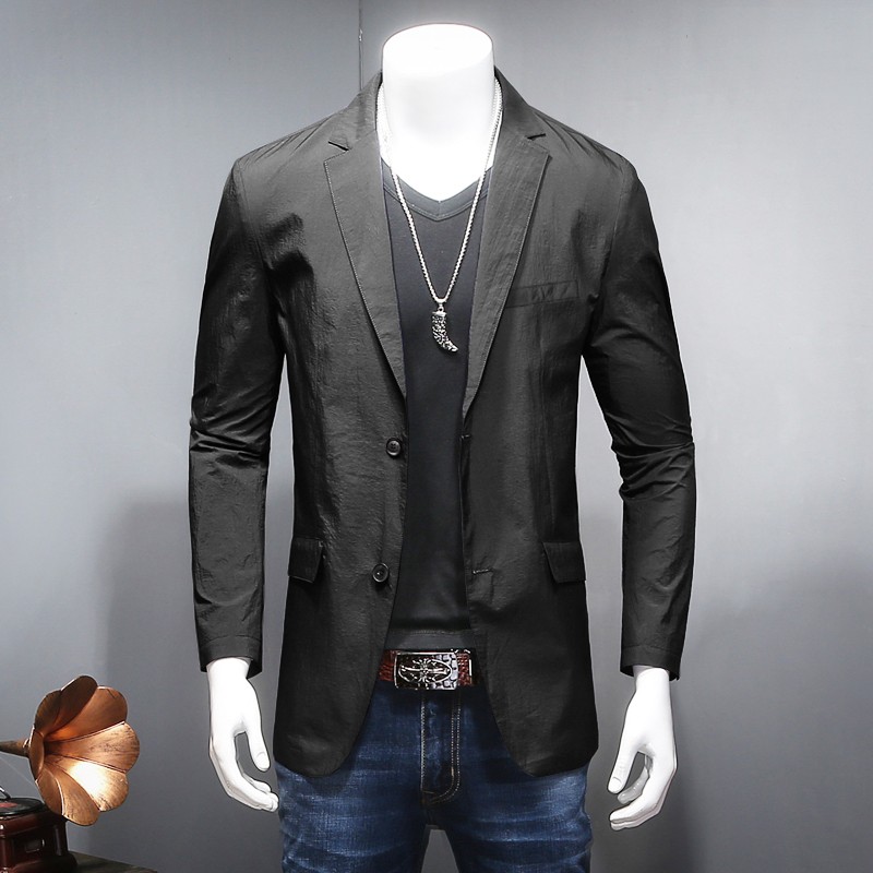 2021秋季轻薄款褶皱西服男便装上衣简约休闲单西外套青年修身西装