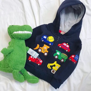 秋季新款男童汽车加绒外套 儿童春秋拉绒面料工程车图案连帽外套