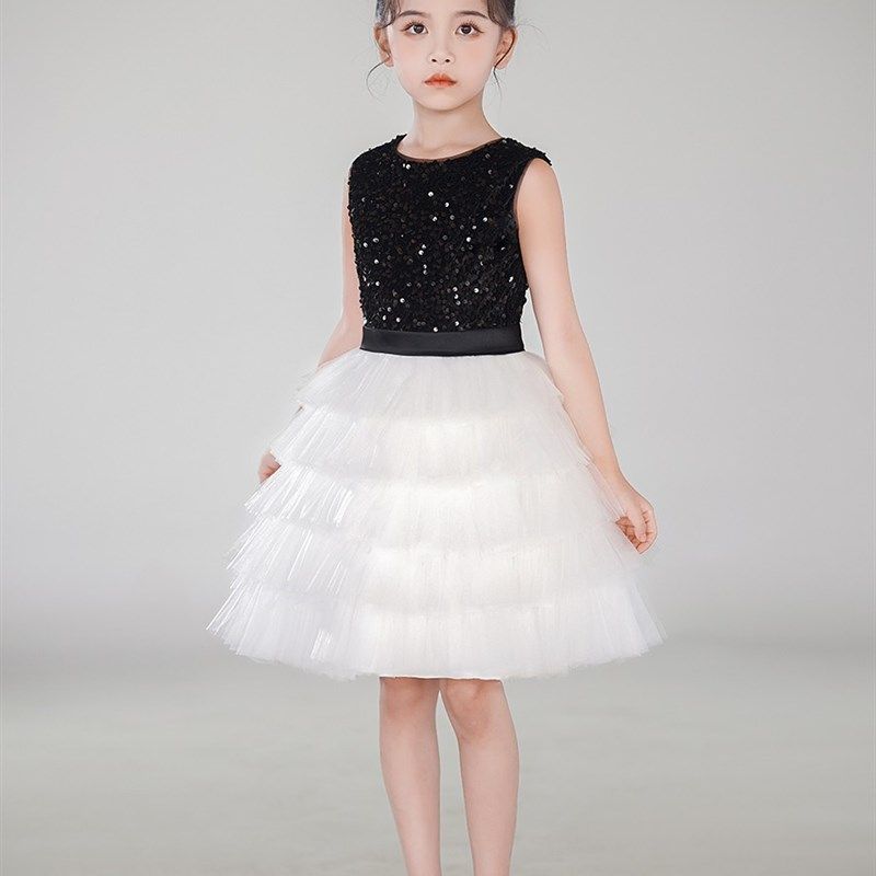 女儿童礼服黑白生日公主裙钢琴演出服小提琴网纱蓬蓬蛋糕裙主持人