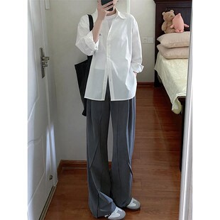 设计感灰色西装裤女秋季新款胖妹妹mm高腰宽松显瘦垂感阔腿休闲裤