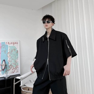 克莱因蓝夹克男外套薄款夏季短袖小众金属拉链设计高级感宽松上衣