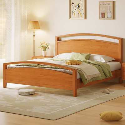 米尔斯法式大床樱桃木色家用主卧实木床加床垫木床1米8的床双人床