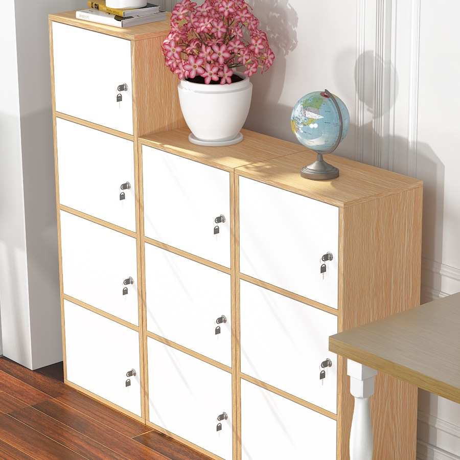 简易带锁书柜书架落地现代简约收纳柜实木色带门组合格子柜储物柜