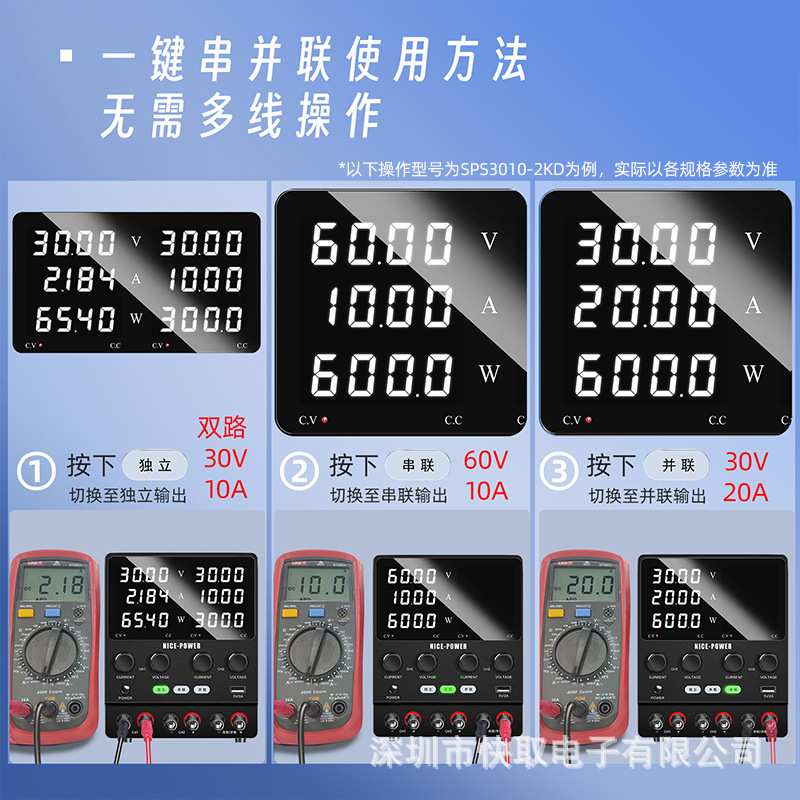 编码器双路可调直流电源30V5A60V10A数显双输出电压电流表