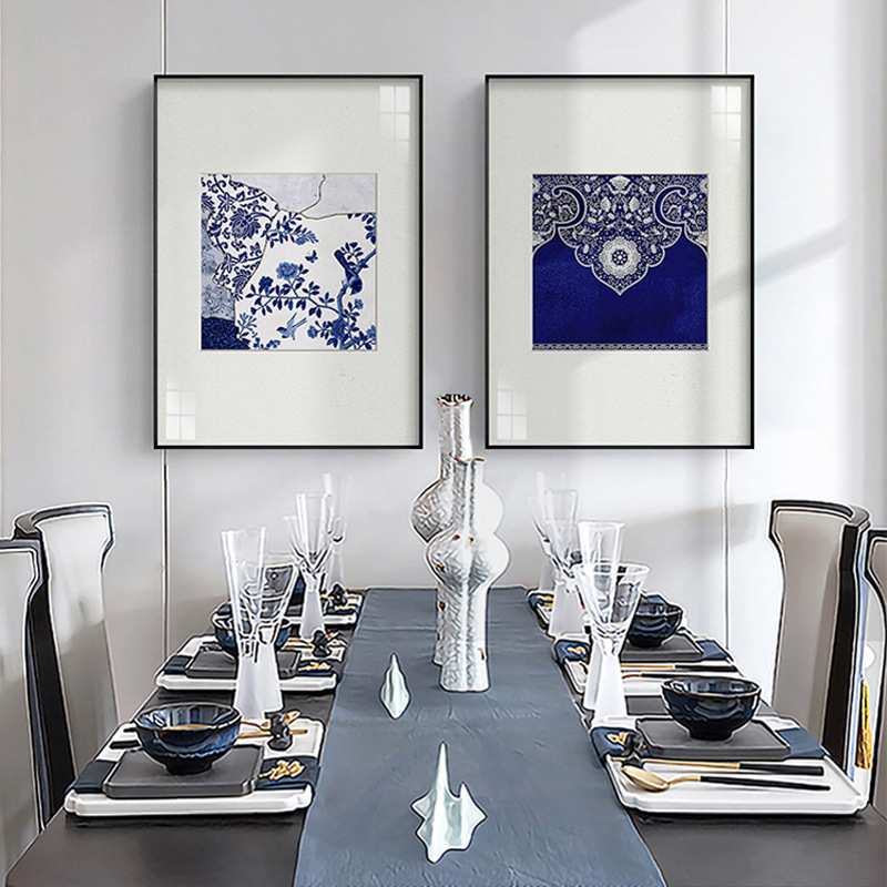 青花墨海新中式客厅三联装饰画蓝色青花瓷挂画中国风餐厅背景壁画图片