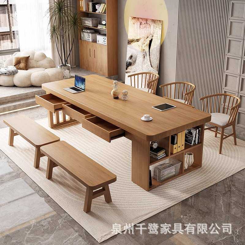 北欧实木大长书桌书柜一体写字桌家用去客厅化学习桌办公桌工作台