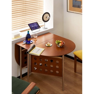 中古实木折叠合意餐桌小户型家用不锈钢椭圆形桌子可伸缩设计茶几