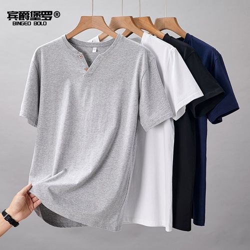 夏季新款纯棉V领短袖T恤男半袖简约扣I子体恤衫上衣服打底衫汗衫