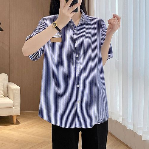 2025时d尚款孕妇装大码夏装短袖条纹孕妇衬衫翻领职业上班蓝条衬