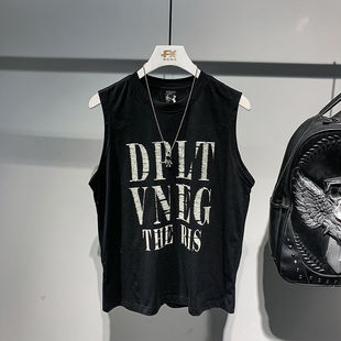 宽松无袖 纯棉印花背u心男女夏季 t恤坎肩健身运动坎 男装 300斤大码