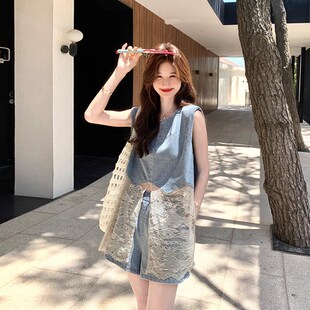 现货 蕾N丝拼接上衣短裤 气质穿搭牛仔套装 2025新款 两件 女夏季