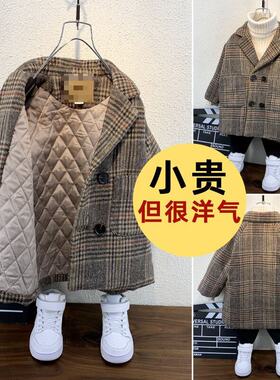 2023新款儿童双面呢大衣女童夹棉毛呢宽松外套中长版男童格子风衣