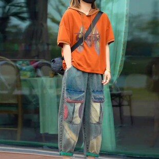 时尚连帽女装夏季新宽松短袖t恤休闲牛仔玫瑰后宫裤两件套时髦