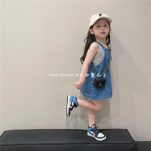 木西童品2023夏韩版女童磨破可爱牛仔背带裙女宝宝a字背心裙洋气