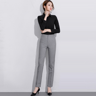 新款 女长裤 浅灰色高腰直y筒宽松职业工作上班大码 裤 西装 2020春季