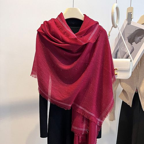 红色亮片水溶工艺羊毛围巾2025春夏季薄款洋气时尚丝巾披肩女外搭