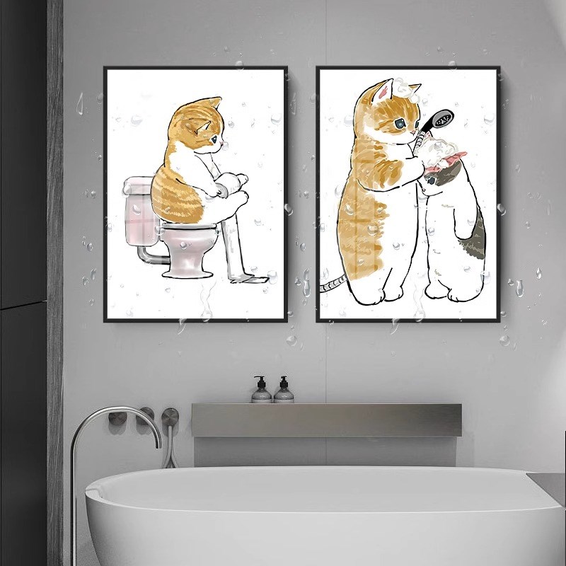 卡通猫咪卫生间装饰画现代简约浴室厕所H挂画日式洗手间背景墙壁图片