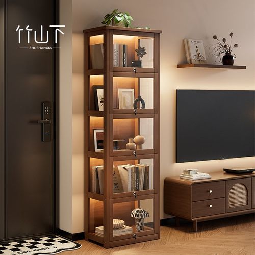 实木书柜防尘带亚克力门儿童书架置物架客厅带门展示柜落地窄立柜