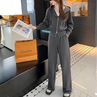 2023秋冬连帽运动衫阔腿裤套装女加厚运J动裤子针织纯棉卫裤两件