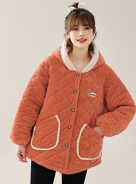 加绒加厚罩衣冬季家居服宽松洋气时尚小I个子女韩系短款外穿棉服
