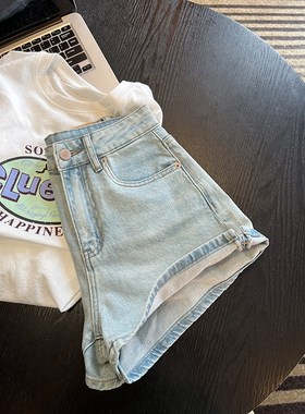 王炸神裤!高腰ia字牛仔短裤女2024夏新小个子显瘦弹力浅蓝色热裤