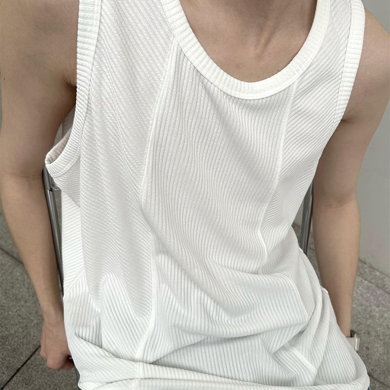 高级感坑条纹拼接背心男夏季韩版潮流肌理感运动内搭宽Z松无袖T恤
