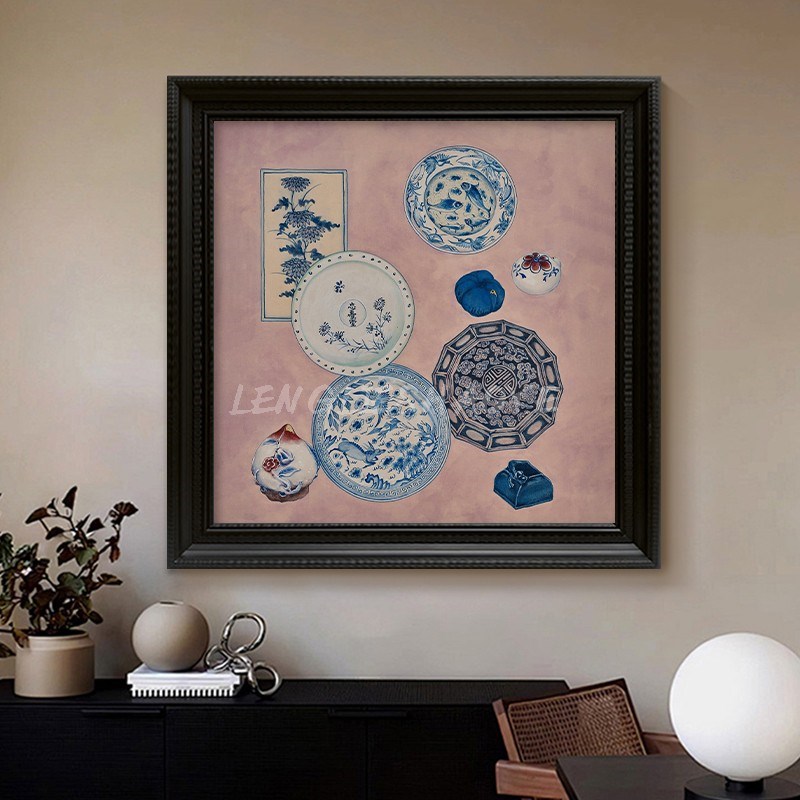 法式复古风静物纯手绘油画抽象青花瓷客I厅餐厅装饰画中古玄关挂图片