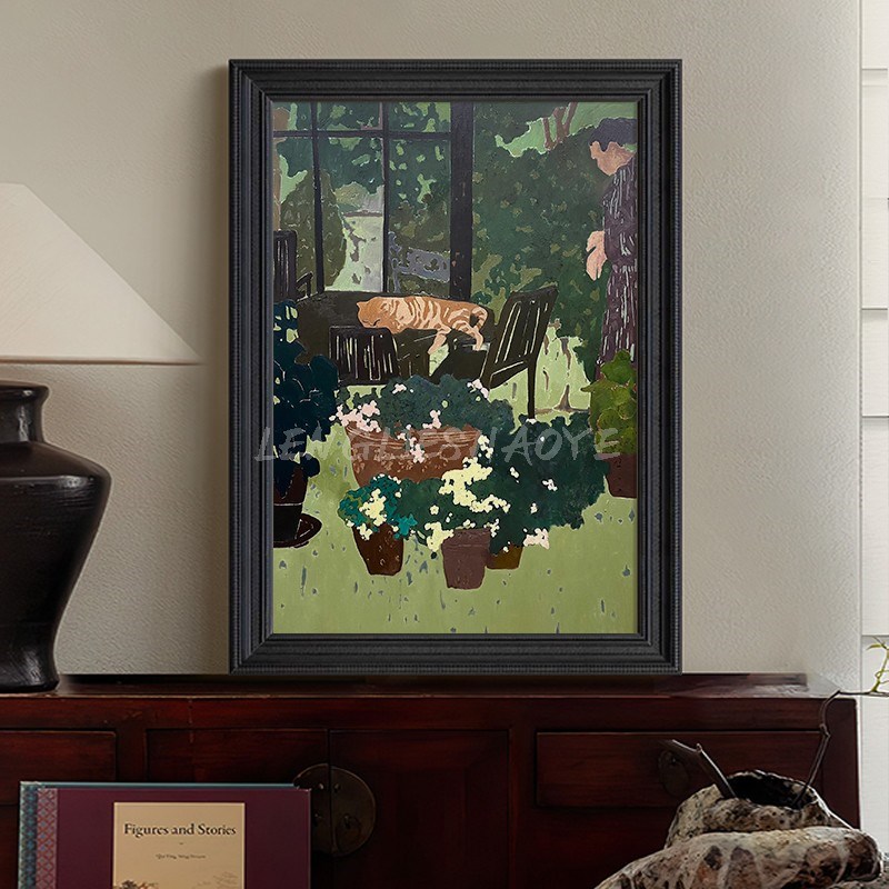 客厅卧室装饰画高级感绿色场景猫咪动物法式手绘油画玄关中古挂画