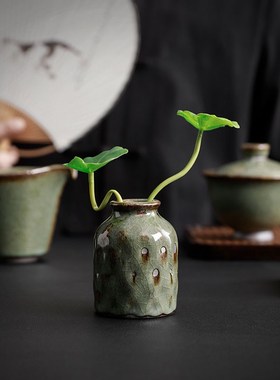 中式陶瓷花瓶花器桌面小展示架茶桌复古插花水培植物铜钱草