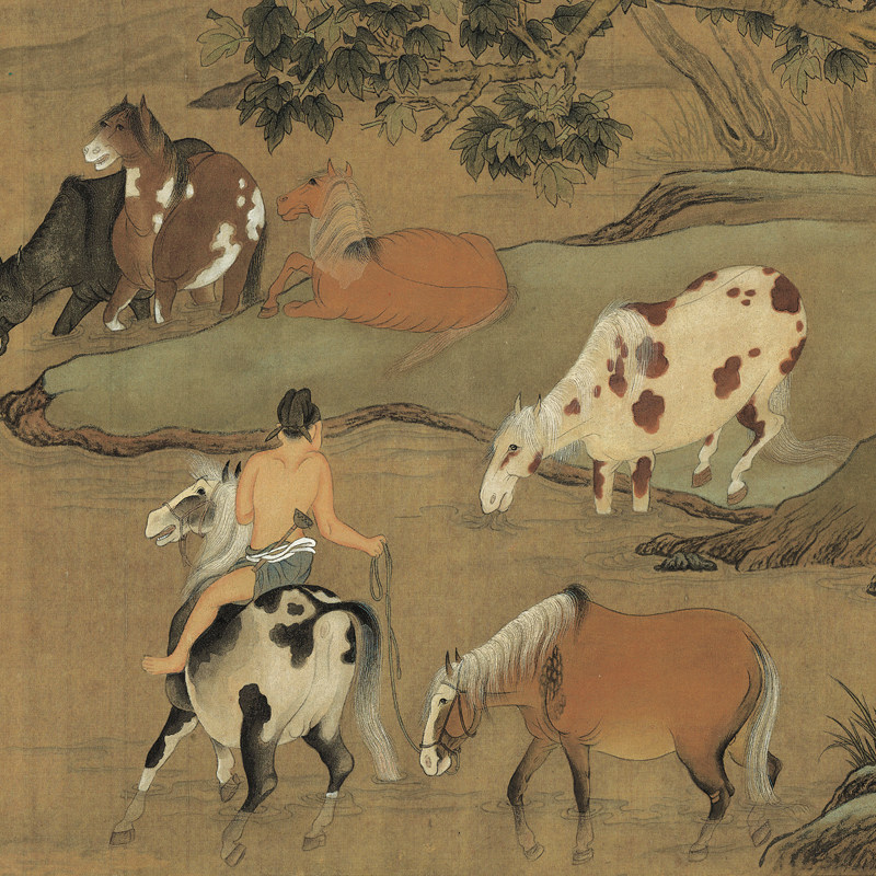 赵孟頫国画真迹浴马图复古人物山水横幅书画手卷高微喷复制装饰