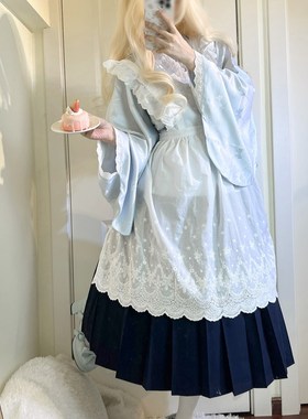 鹿屿蓝色和风小女仆浴p衣开襟三件套宝宝蓝套装和洋折衷女生礼物