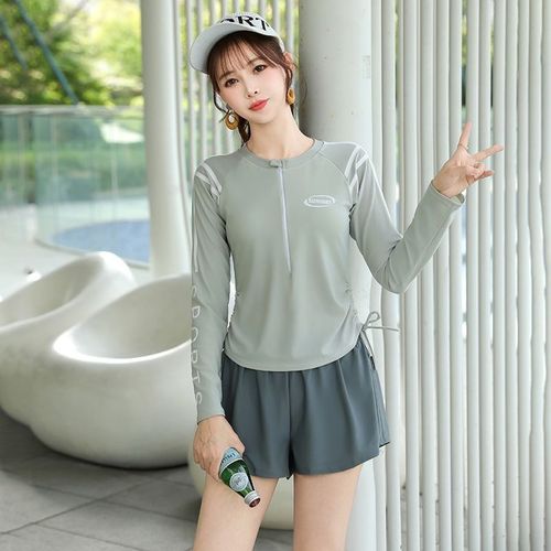 泳衣女长袖初中生学生保守分体A游泳衣女童夏季防晒运动泳装速干